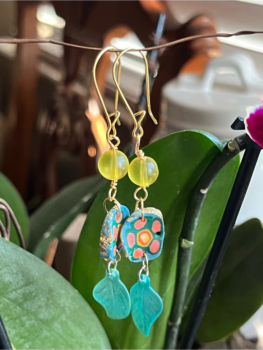 Handmade Turquoise Floral Leaf Drop Earrings - Yellow Bead Accent